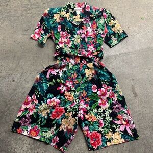Vintage Jordan Michaels Tropical Floral Belted‎ Romper Size S Retro Y2k Classic